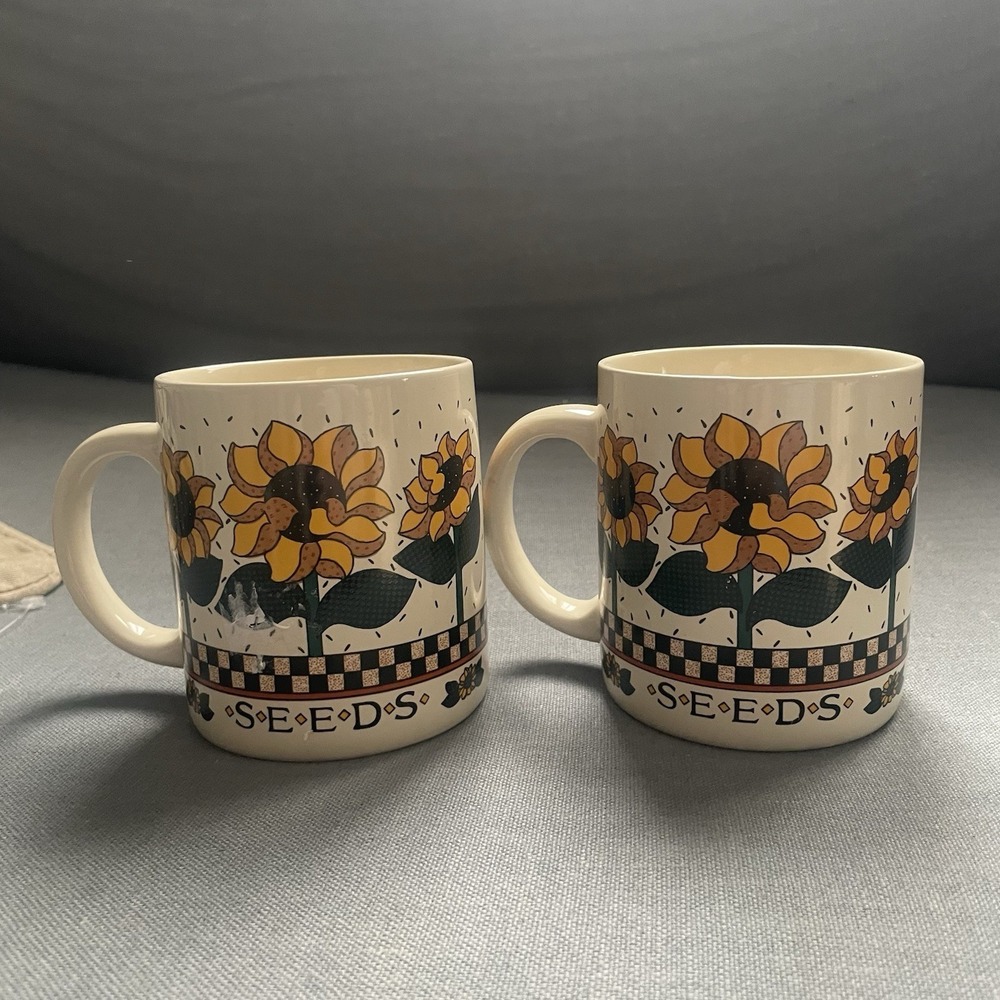 Vintage Sunflower Seeds Mug Checkerboard K.I.C. Made In Korea Set of 2 Cups